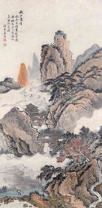 姜筠 秋山萧寺 立轴 65×32cm